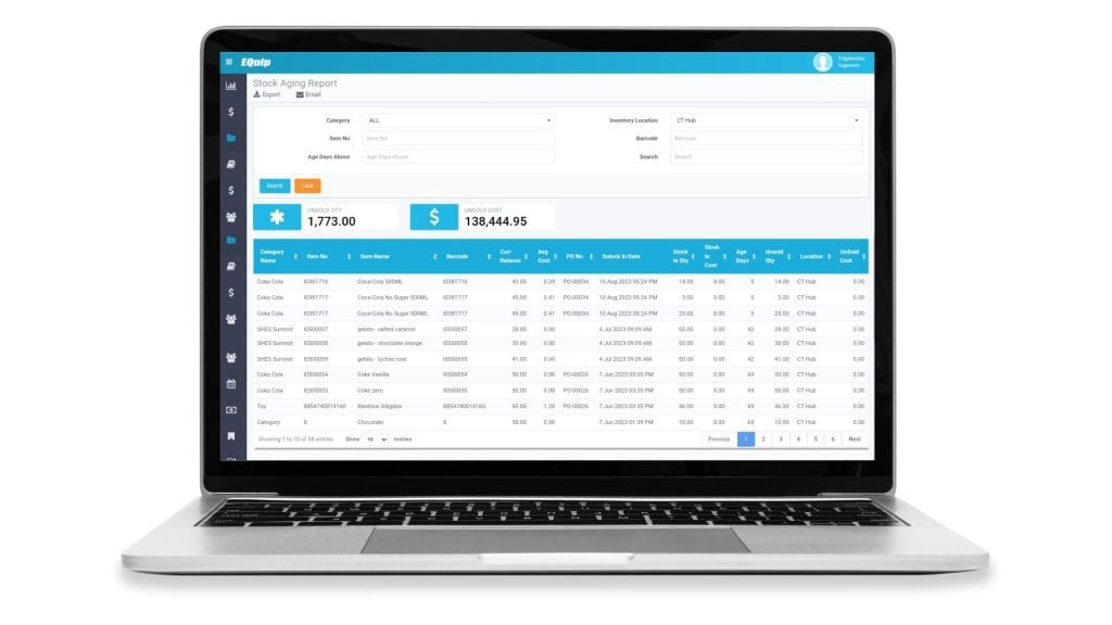 A laptop depicting a stock aging report, one of the features available from Edgeworks POS system integrated with Inventory Management System.