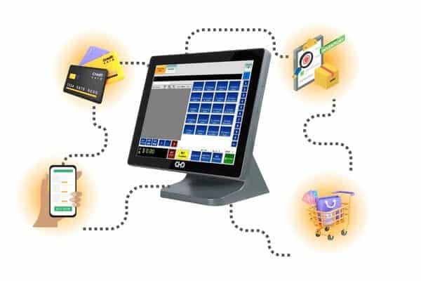 A graphic displaying Edgeworks omnichannel retail POS system that integrates with business operations