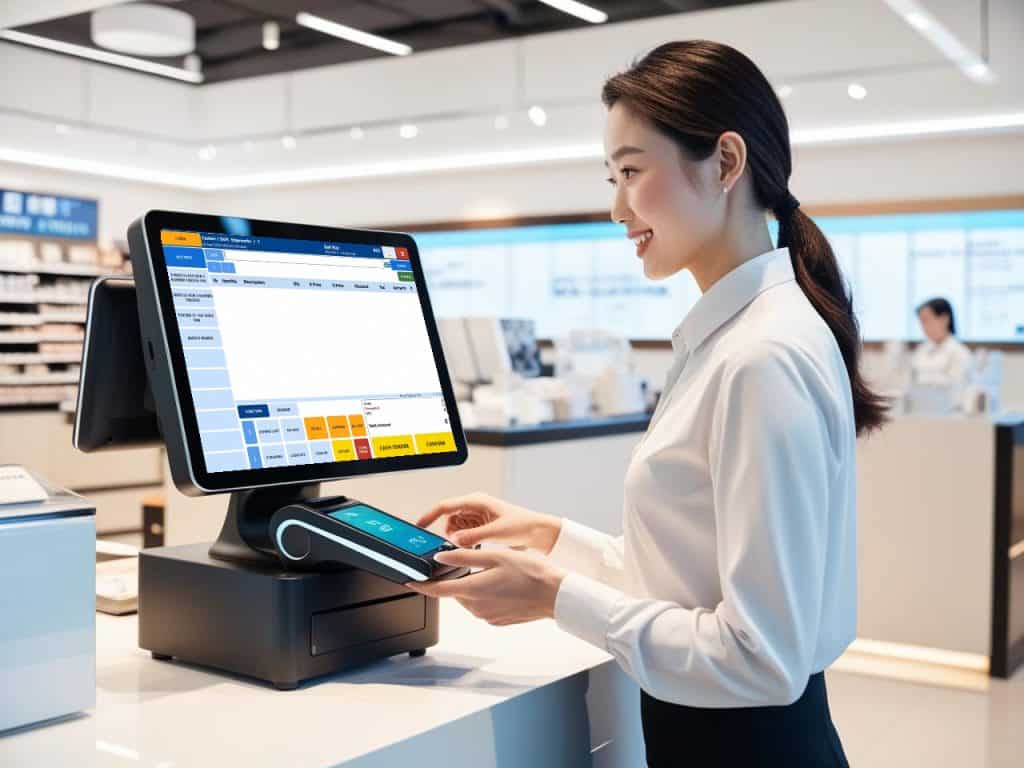 A retail store cashier using an advanced POS system displaying transaction details and real-time sales tracking on the screen. The environment showcases a modern retail setup with seamless cashless payment integration.
