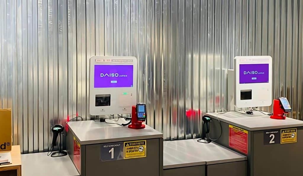 Self-checkout kiosk, as seen in Daiso Singapore stores.