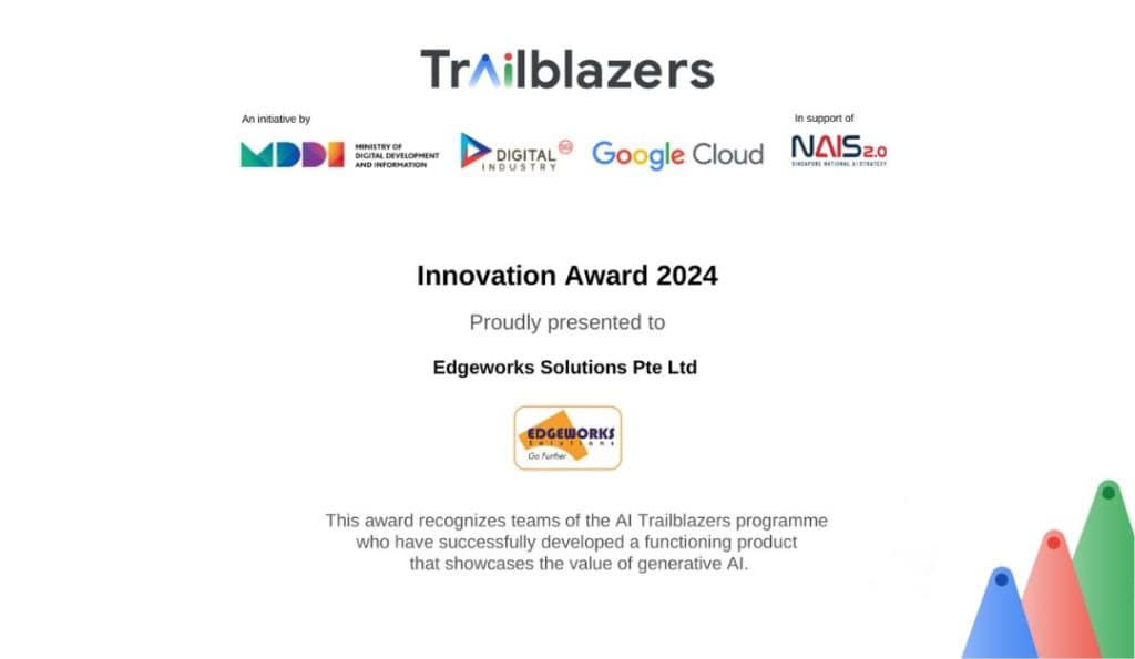 The Certificate of AI Trailblazers Innovation Award 2024 awarded to Edgeworks Solutions Pte Ltd