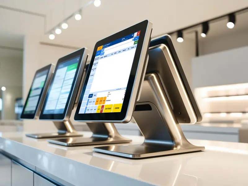 A detailed close-up shot of a sleek, modern multi-outlet pos system with multiple touchscreens displaying various sales data, brightly lit in a clean, contemporary retail environment.