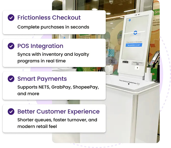 RFID self-checkout kiosk for fashion retail POS by Edgeworks Singapore, featuring frictionless checkout, POS integration, smart payments, and better customer experience.
