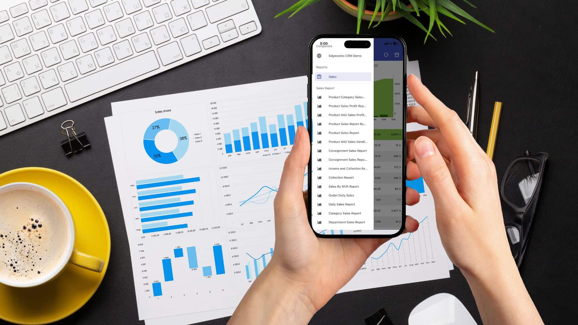 A person accessing business reports on a mobile device while on the move. Seamlessly stay connected to Edgeworks Solutions' business insights - View reports on the go.