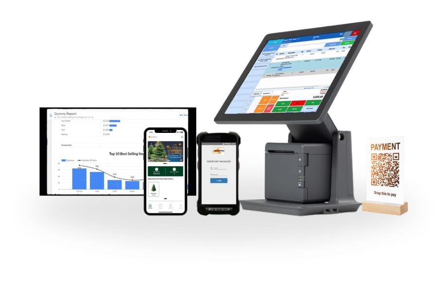 A display of several devices using Edgeworks Solutions POS System