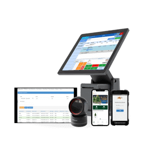 Edgeworks Solutions - Seamless integration Integrated POS and inventory - Image of a POS system with tablets, PDAs, and mobile phones displaying real-time inventory levels.