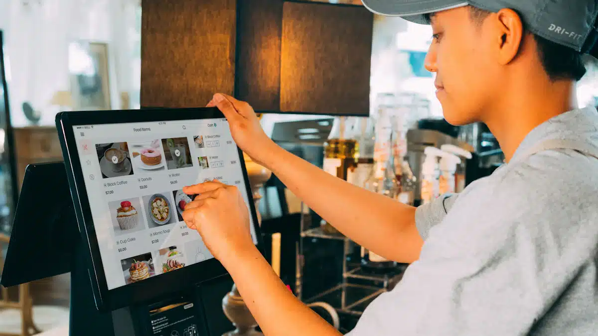 An employee checking the self service kiosk
