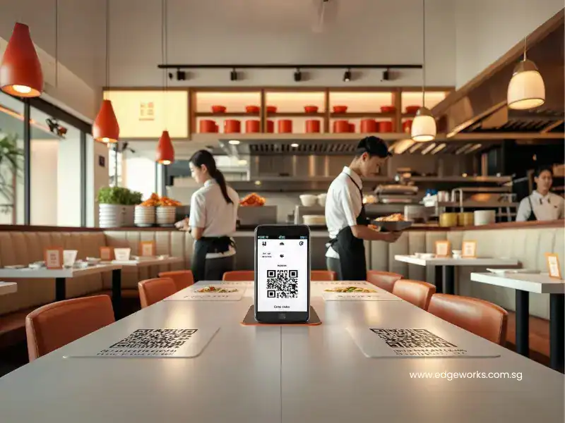 An image of a restaurant with self-service mobile ordering and QR ordering code display on its table.