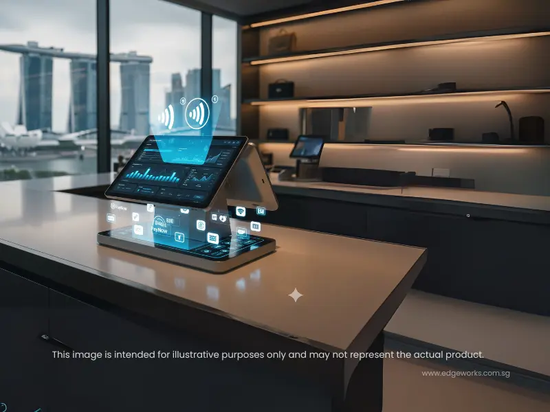 Future-proof POS systems with holographic analytics display in modern Singapore store overlooking Marina Bay Sands skyline