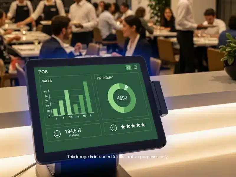 A modern POS terminal displaying sales and inventory analytics in a busy restaurant setting, symbolizing reliable POS support for restaurants.